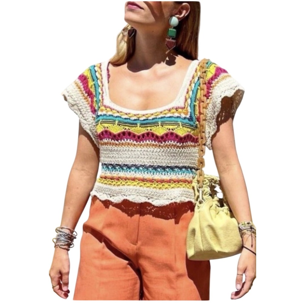 Zara Knit‎ Crochet Colorful Striped Square Neck Short Sleeve Top